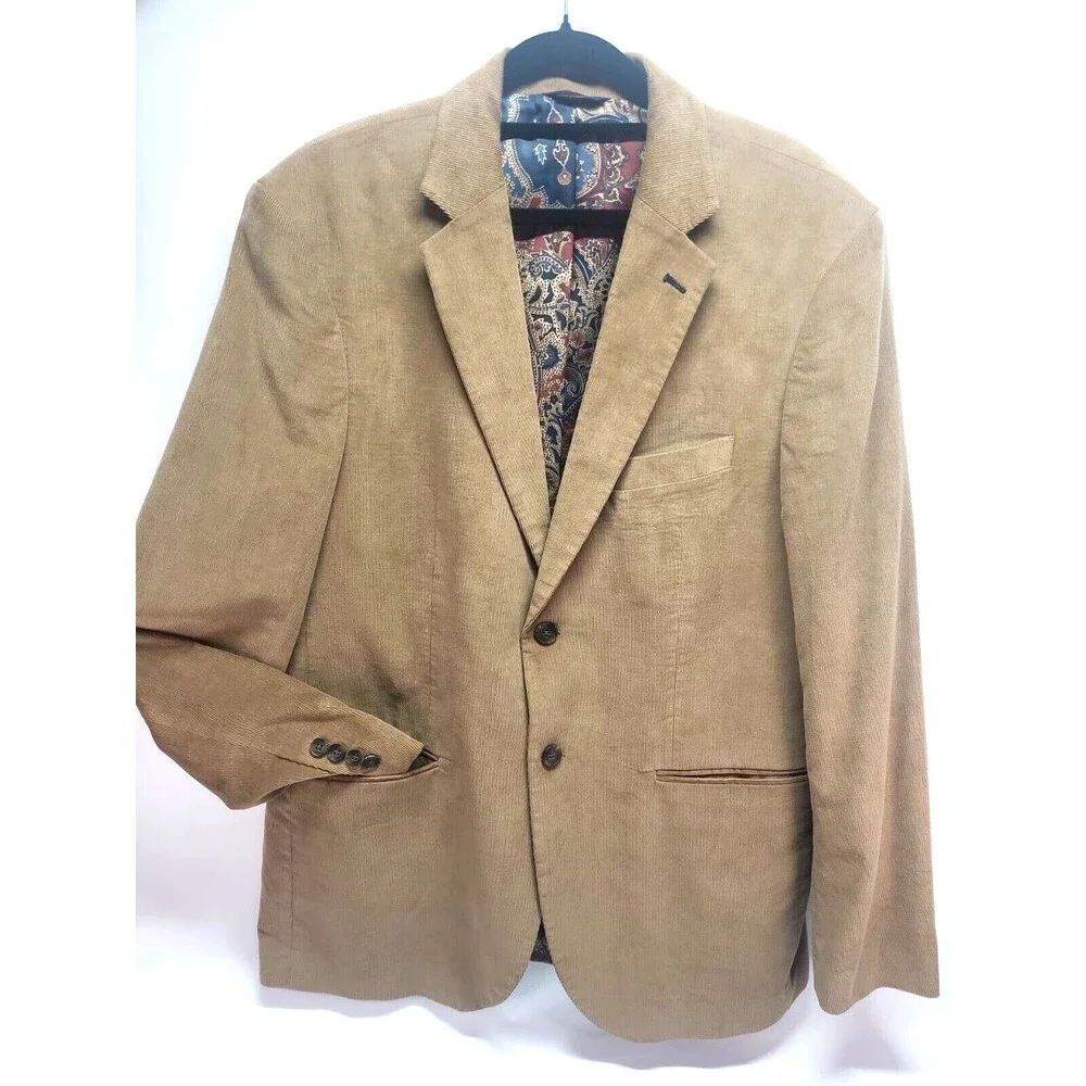 Preppy Corduroy Blazer Sport Coat L Alan‎ Flusser Tan 2 Button Jacket Academia